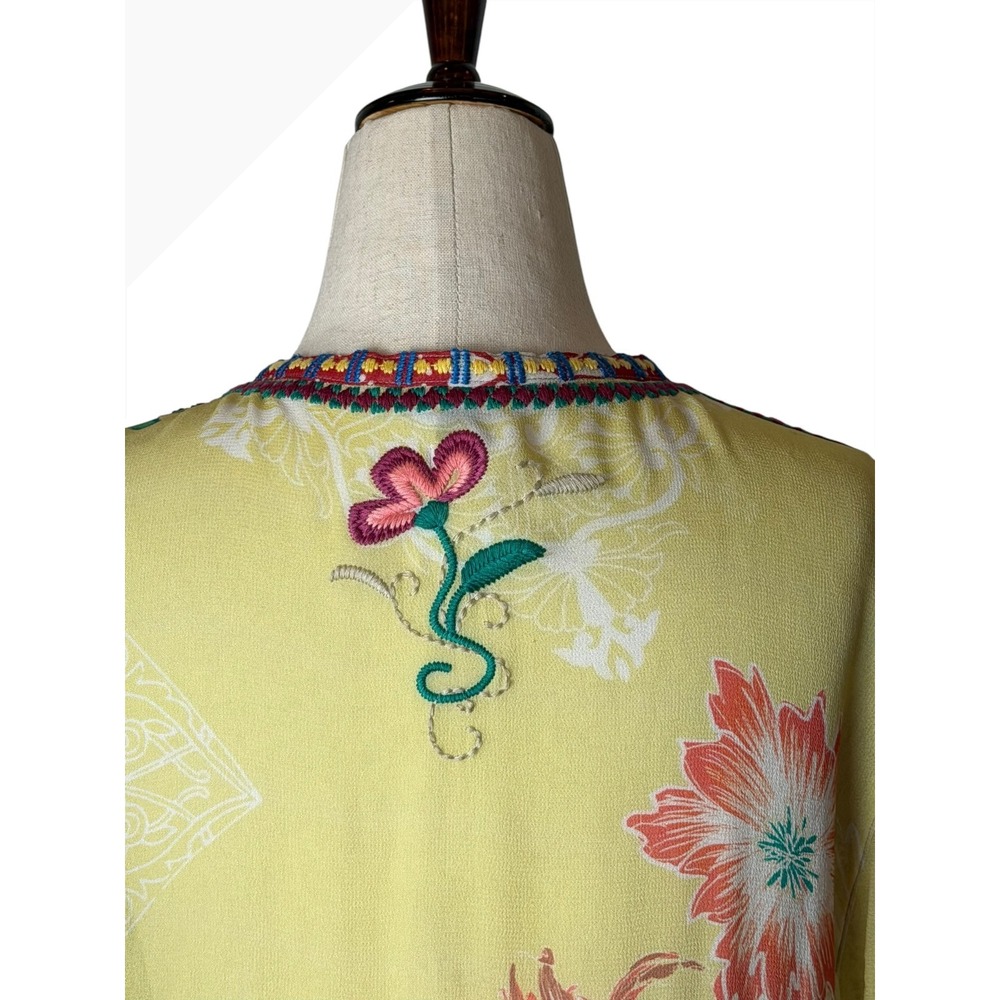 John Mark Duster Kimono Women Medium Yellow Floral Patchwork Embroidered Boho - Picture 6 of 14